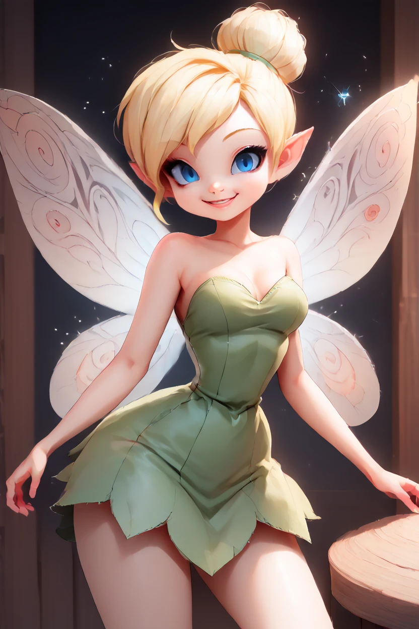 wide shot, ((best quality)), ((highly detailed)), masterpiece, (detailed eyes, deep eyes), (1girl), dynamic angle, cowboy shot, tinkerbell, woman, smile, looking at viewer, ((short blonde hair)bun ), ((blue eyes)),firm breasts, realistic proportions, curvy body, lipstick, curvy hips, subtly visible breasts, day lighting, ((petite body)),fairy wings,back to camera, ((nude))