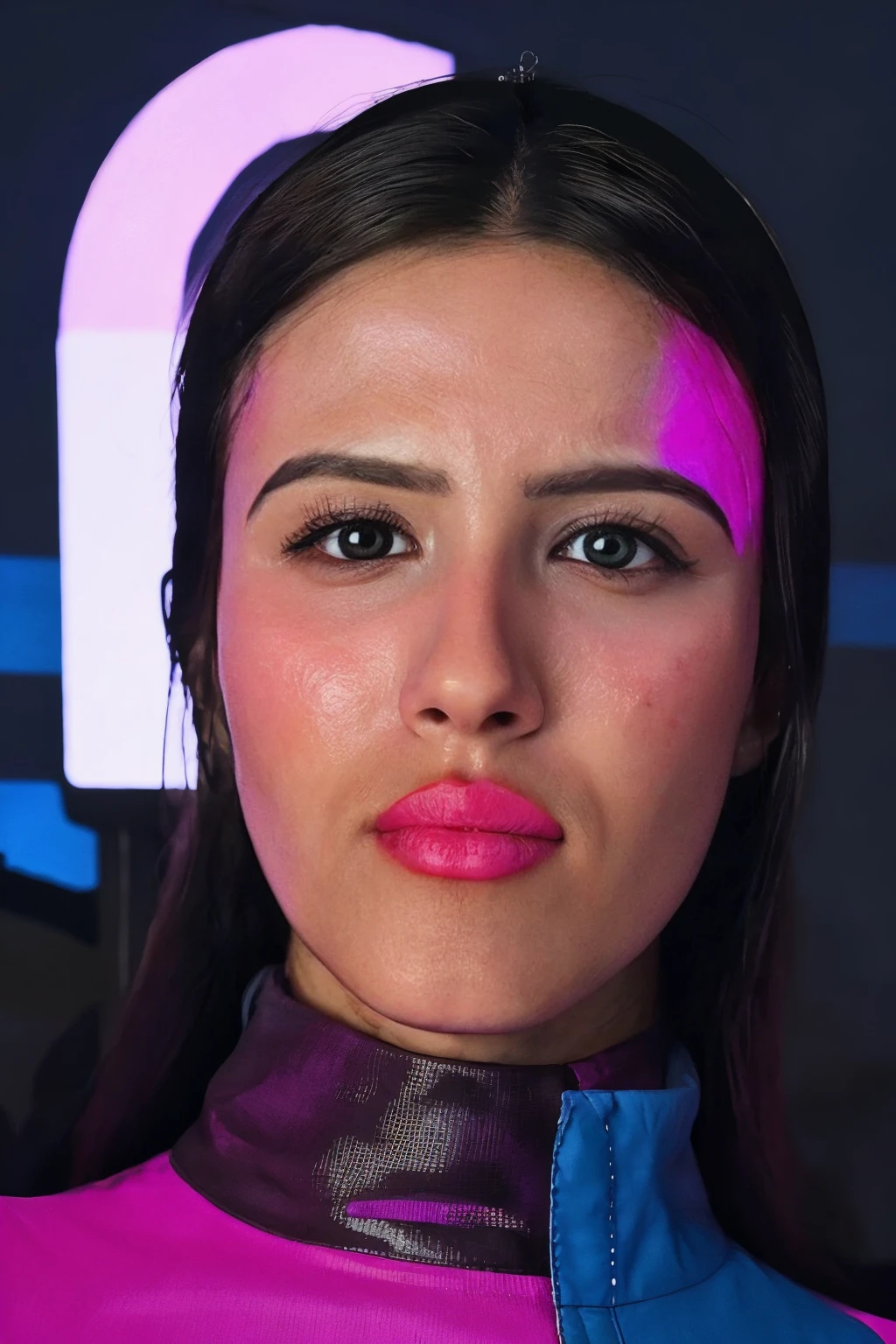 <lora:str4wb3rry:0.8> str4wb3rry woman 1girl, cyberpunk background, neon lights, portrait, looking at viewer, oversized jacket, edgerunners, 2077, front view, turtleneck, nun