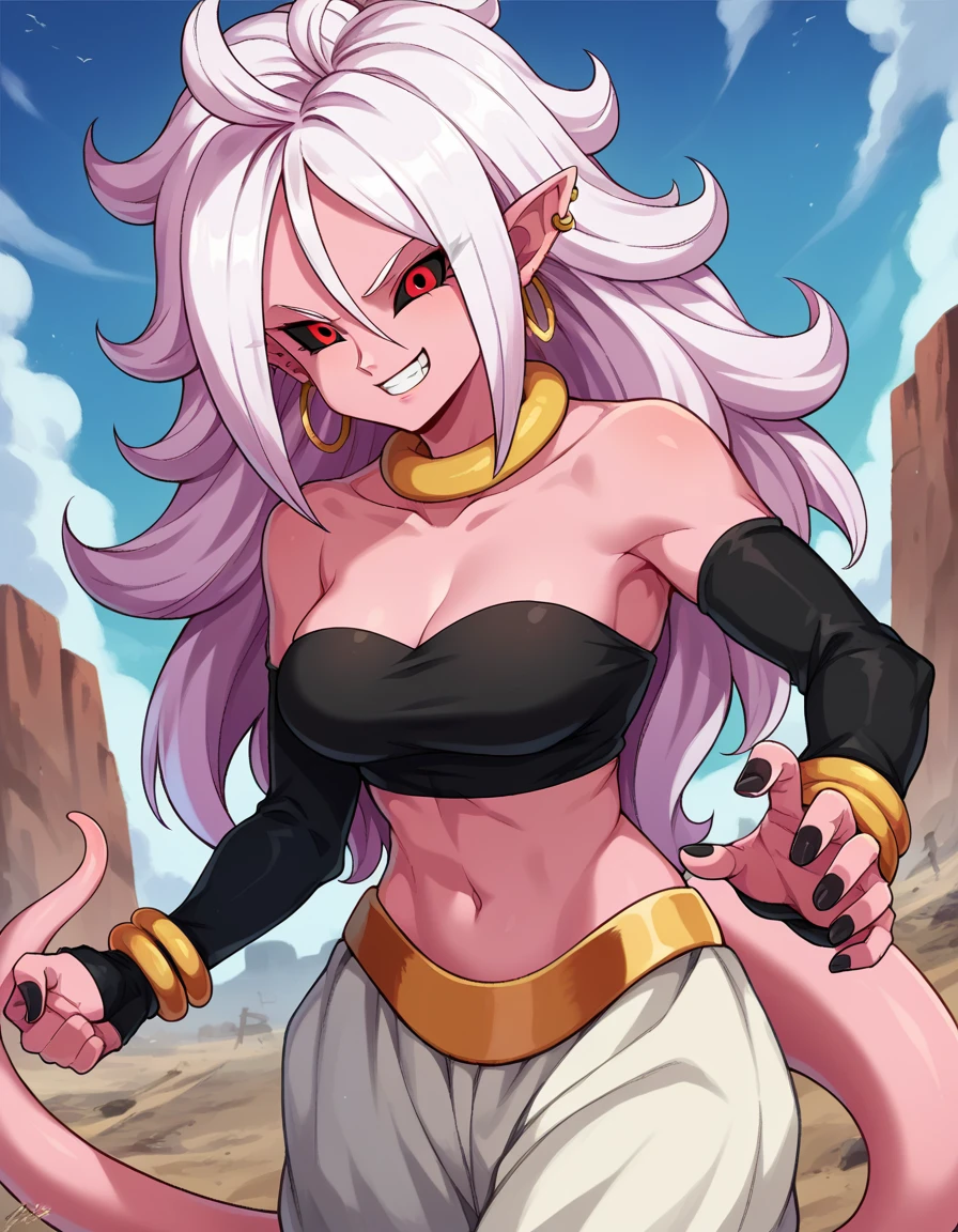 score_9, score_8_up, score_7_up, source_anime,
android21, <lora:android-21-ponyxl-lora-nochekaiser:1>,
android 21, black sclera, colored sclera, colored skin, long hair, pink skin, pointy ears, red eyes, white hair, smile, grin,
bare shoulders, black nails, bracelet, detached sleeves, earrings, hoop earrings, jewelry, nail polish, strapless, tail, tube top,
outdoors, wasteland, fighting stance,
looking at viewer, dutch angle, cowboy shot,