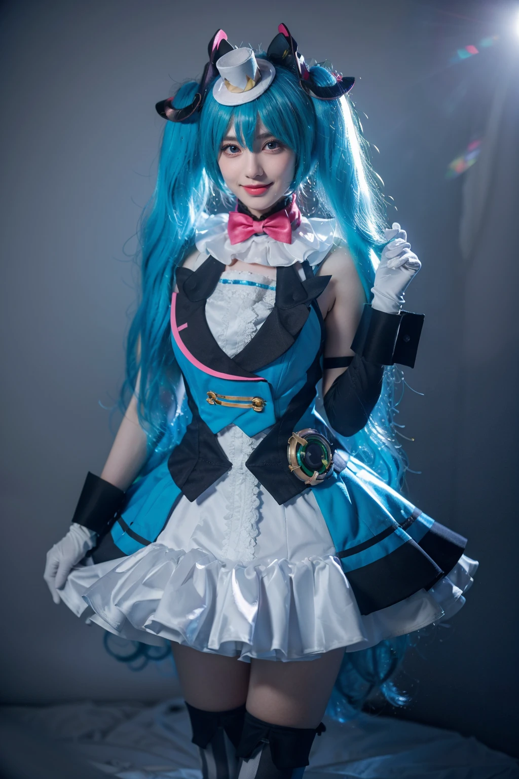 best quality, masterpiece, realistic, photorealistic, 1girl, solo, looking at viewer, smile, standing, cowboy shot, hatsune miku cosplay costume, hatsune miku, magical mirai miku, cosplay, aqua hair, twintails, very long hair, vest, sleeveless dress, frills, asymmetrical gloves, bowtie, mini hat, hair ornament, gloves, wrist cuffs, asymmetrical legwear, vertical-striped thighhighs, grey background, <lora:miku_cosplay_magicalMirai2019_v1:0.7>