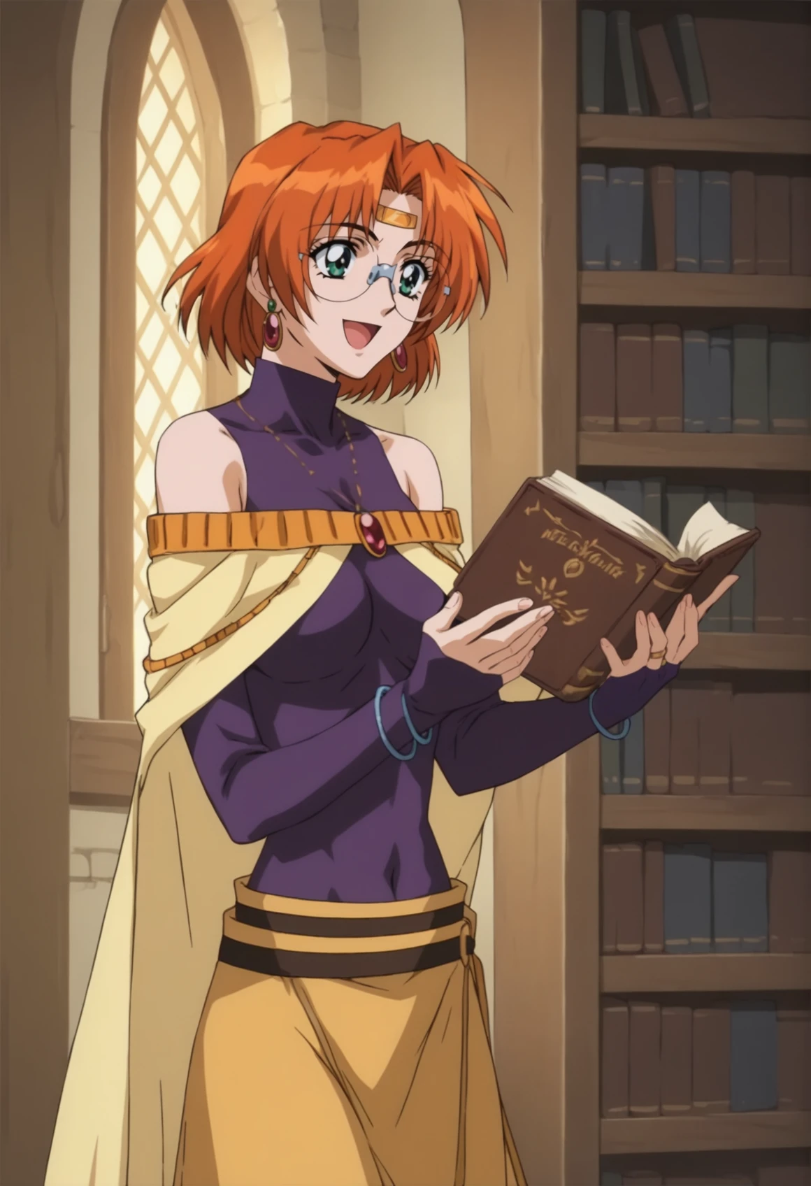 1girl, short hair, green eyes, orange hair, low ponytail, earrings, glasses, circlet, pendant, purple dress, bare shoulders, purple bridal gauntlets, cape, earrings, yellow skirt, standing, smiling, holding book, shushing, indoors, library  <lora:Ila xl:1>, score_9, score_8_up, score_7_up, score_6_up, score_5_up, score_4_up, BREAK source_anime, masterpiece