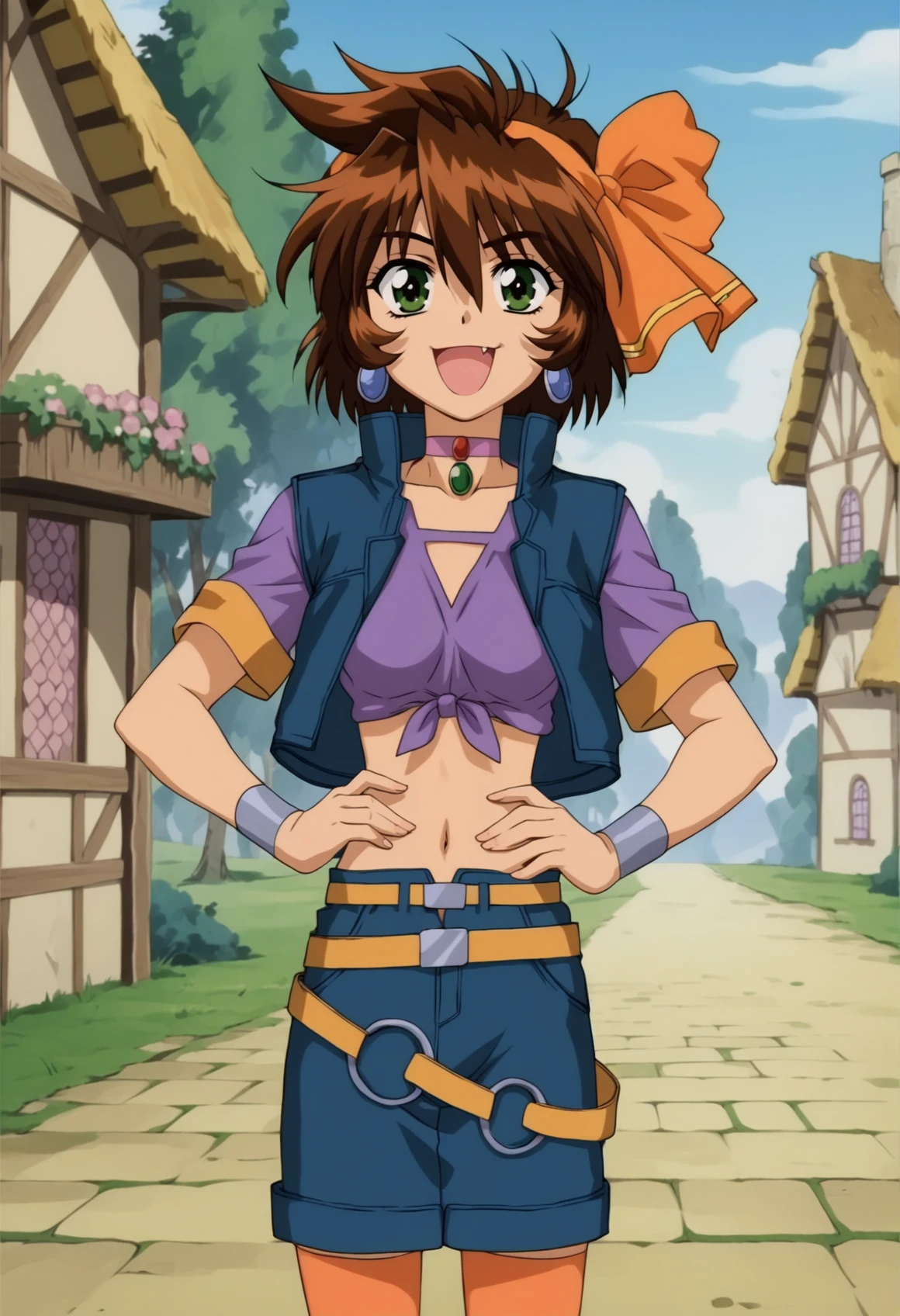 1girl, short hair, green eyes, ribbon, chocker, shirt, short sleeves, vest, navel, miniskirt, belt, wristband, orange thighhighs, hands on waist, pointing at viewer, smile, fang, open mouth, outdoors, medieval town  <lora:Merril XL:1>, score_9, score_8_up, score_7_up, score_6_up, score_5_up, score_4_up, BREAK source_anime, masterpiece