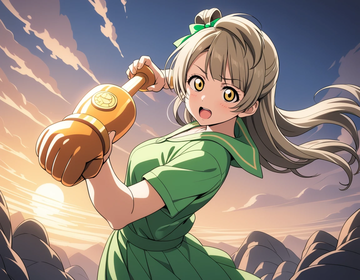 1girl,solo,
minami kotori, love live!
casual wear,skirt,
troubled eyebrows,open mouth,
<lora:gourmetspicerXL1:0.7>,gourmetspicer,
cloud,blue sky,holding weapon,
weapon,upper body,clenched hand,incoming attack,arm cannon,fighting stance,
looking at viewer,
dutch angle,
mountain,
masterpiece, best quality, ultra detailed, highres,4k,(ultra-detailed:1.4) (illustration:0.5), (ray tracing,:0.8),(anime colored:0.7),(ai-generated:0.5),