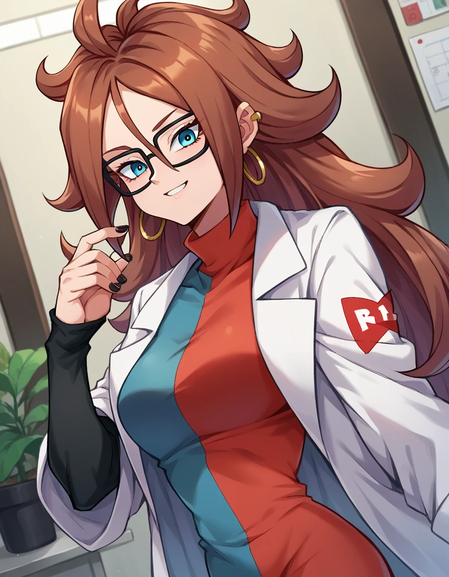 score_9, score_8_up, score_7_up, source_anime,
android21, <lora:android-21-ponyxl-lora-nochekaiser:1>,
android 21, blue eyes, brown hair, glasses, long hair, very long hair, black-framed eyewear, smile,
black sleeves, checkered clothes, checkered dress, detached sleeves, dress, lab coat, turtleneck,
indoors,
looking at viewer, dutch angle, cowboy shot,