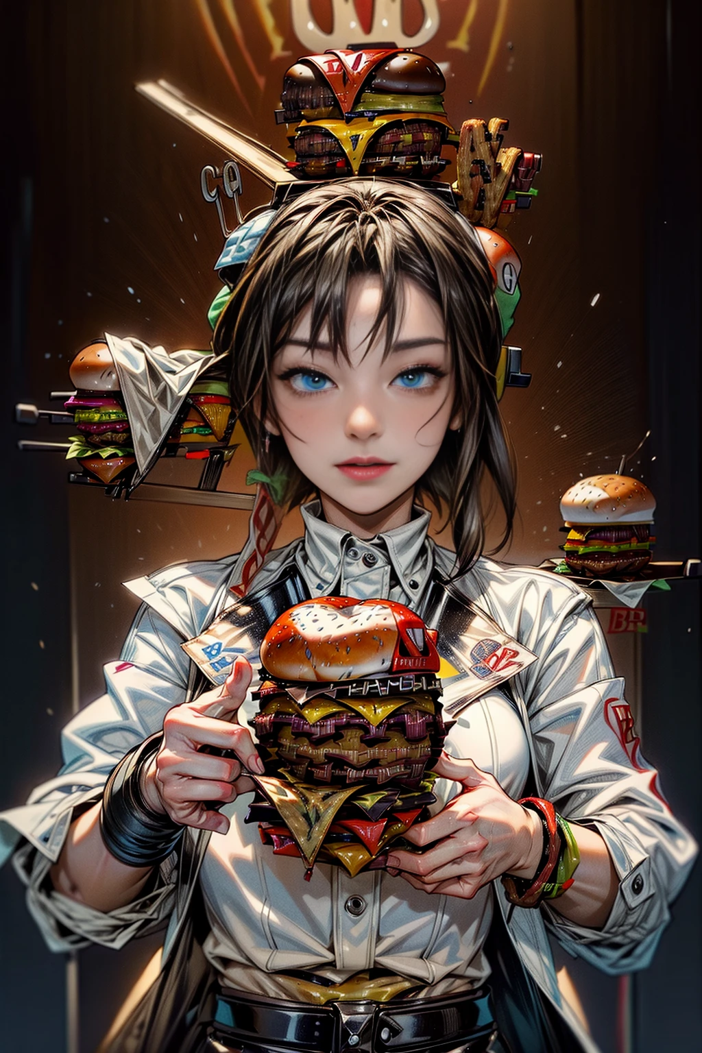 a female zombie eating a hamburger, anime style