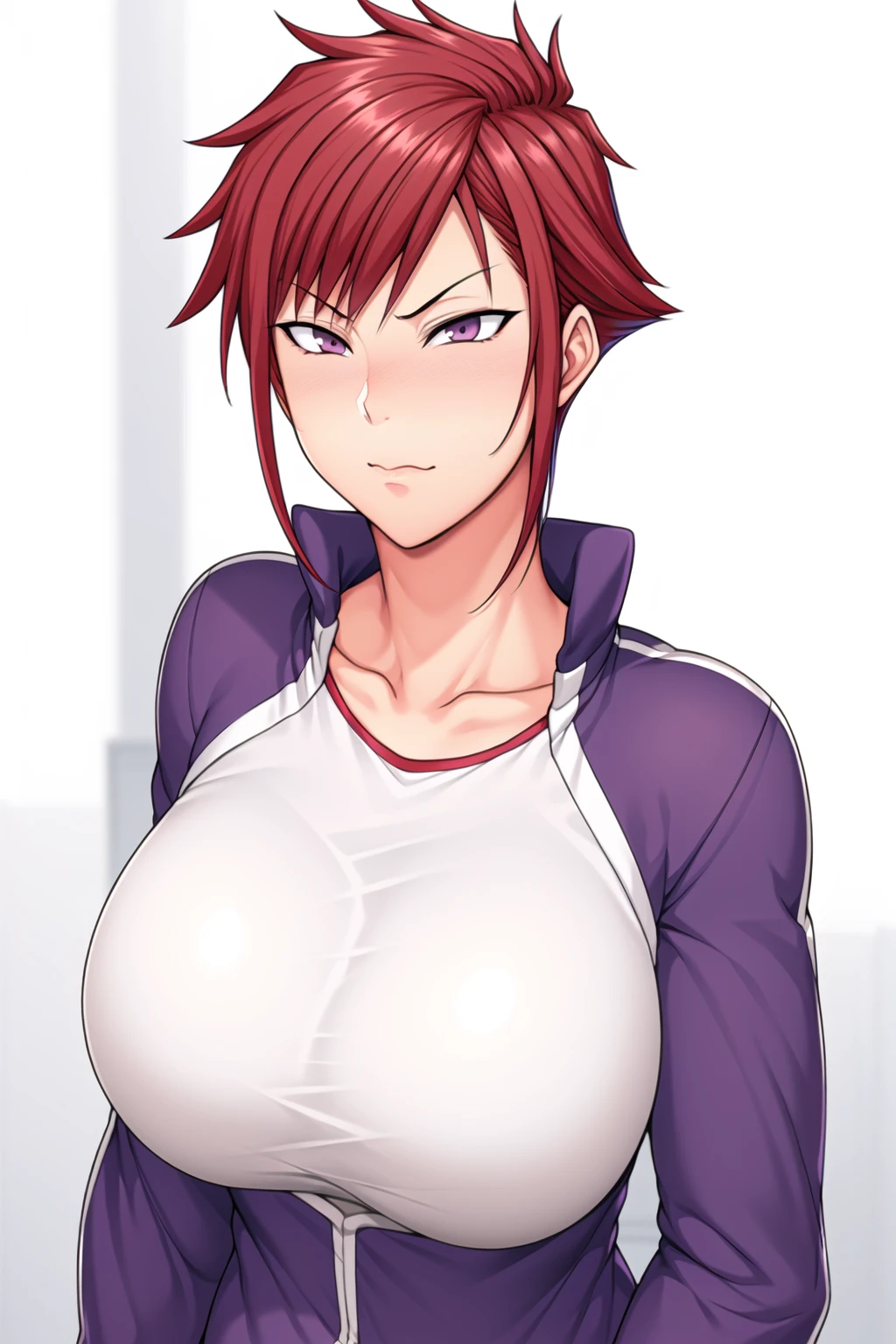 Simple White Background,
dynamic pose,standing at attention,
gym uniform,long sleeves,Purple Jacket, White Shirt, collarbone, cleavage, 
<lora:Yuuki_Mikage_SaiminSeishidou-KK77-V1:0.7>,
red eyes, red hair,bangs,short hair,
<lora:Oda_Non_Style-KK77-V2:0.3>,<lora:SaiminSeishidou_Lesson_Style-KK77-V1:0.1>,<lora:more_details:0.1>,
1 girl, 20yo,Young female,Beautiful long legs,Beautiful body,
Beautiful Nose,Beautiful character design, perfect eyes, perfect face,expressive eyes,perfect balance,
looking at viewer,(Focus on her face),closed mouth, (innocent_big_eyes:1.0),(Light_Smile:0.3),
official art,extremely detailed CG unity 8k wallpaper, perfect lighting,Colorful, Bright_Front_face_Lighting,White skin,
(masterpiece:1.0),(best_quality:1.0), ultra high res,4K,ultra-detailed,
photography, 8K, HDR, highres, absurdres:1.2, Kodak portra 400, film grain, blurry background, bokeh:1.2, lens flare, (vibrant_color:1.2),professional photograph,
(Beautiful,large_Breasts:1.2), (beautiful_face:1.5),(narrow_waist),