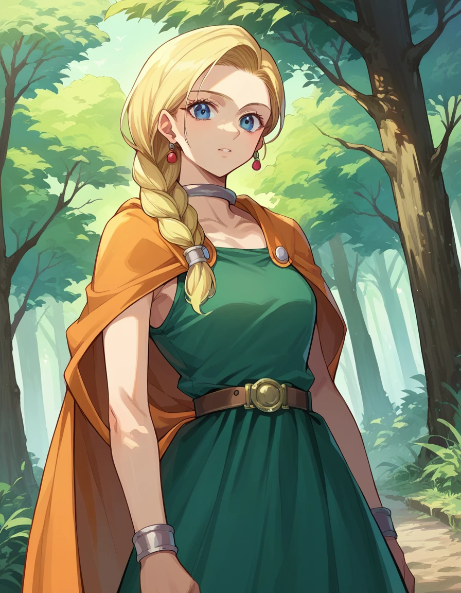 score_9, score_8_up, score_7_up, source_anime,
dqbianca, <lora:dq-bianca-ponyxl-lora-nochekaiser:1>,
bianca, blonde hair, blue eyes, braid, braided ponytail, long hair,
belt, brown belt, cape, dress, earrings, jewelry, green dress,
outdoors, forest, nature,
looking at viewer, dutch angle, cowboy shot,