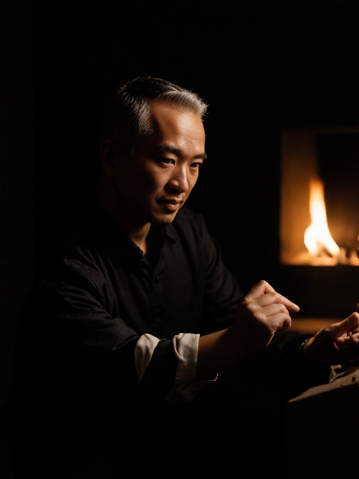 (((photo focus on night, dark dim muted colors, chiaroscuro japanese (1man:1.2) sitting by fireplace, elderly mature , hand , ornamental incense burner lamp , bonsai, character color photo portrait, Mise-en-scène, Staged Scene, Thoughtful Arrangement, Chiaroscuro, Strong Light and Shadow, Dramatic Contrast, absurdres, detailed, macro details, 8k, hyper realistic, texture surface details, film, professional, 4k, highly detailed professional, simple
))) !, sign-language-pov communicating-in-sign-language
