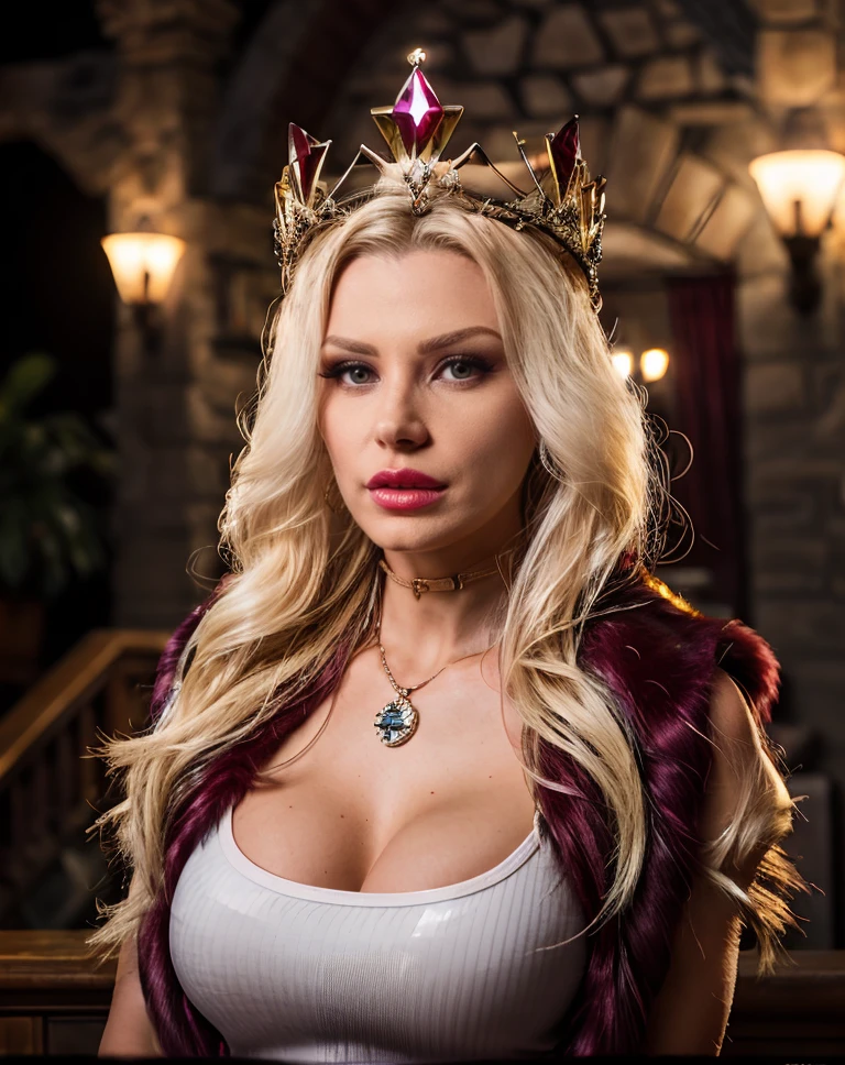 nsfw, [ Emilia-Clarke | Maleficent ] sitting on a throne in a castle, onyx, nighttime, bare feet, vagina, smiling, long blonde-hair, crown, sagging breasts, choker, jewelry, tattoos, makeup, fingernail polish, overgrown with branches, spooky, fog, green-flame, Stained-glass, high quality, film grain, flash, high detailed skin, analog style, Fujifilm XT3, masterpiece