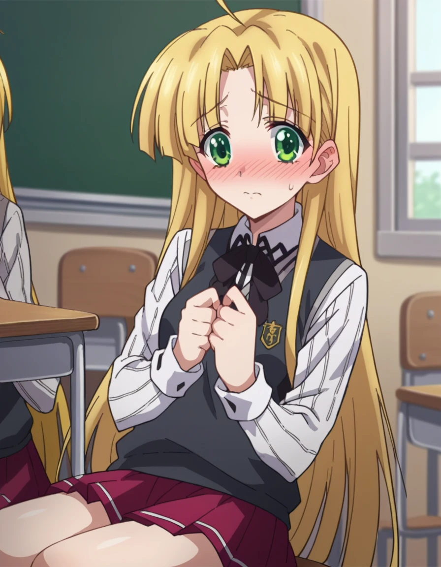 score_9, score_8_up, score_7_up, source_anime,
asiaargento, <lora:asia-argento-ponyxl-lora-nochekaiser:1>,
asia argento, long hair, blonde hair, green eyes, parted bangs, ahoge, blush, embarrassed,
skirt, shirt, long sleeves, ribbon, school uniform, pleated skirt, vest, red skirt, sweater vest,
indoors, classroom, sitting, desk, chair,
looking at viewer, dutch angle, cowboy shot,