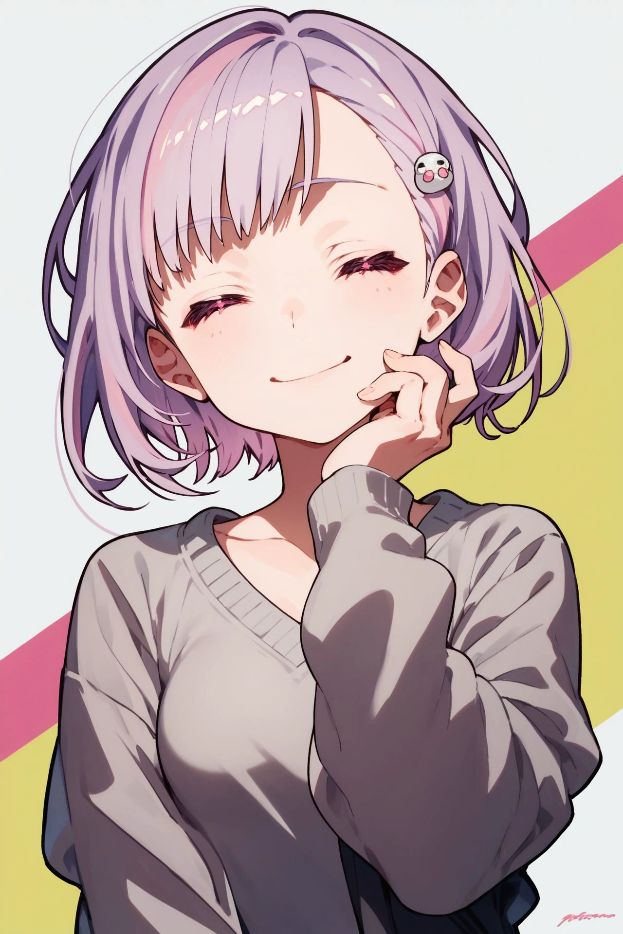 score_9, score_8_up, score_7_up, 1girl, looking at viewer, hand on own face, closed eyes smile, light purple hair, multicolored hair, asymmetrical fringe, hair ornament, pink eyes, small breasts, grey cardigan, wide angle, detailed background, <lora:mika_pikazo_PonyXL_style_v01:1>