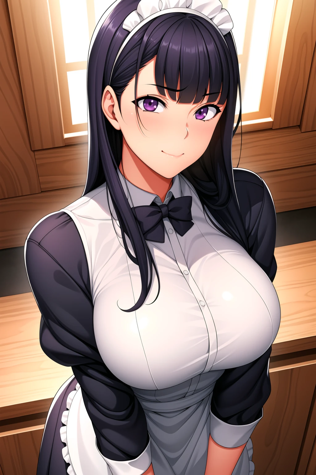 kitchen, Indoors,
dynamic pose,standing at attention,
maid, maid headdress, maid apron, Maid Dress,frilled dress, 
<lora:Misao_Takamine_SaiminSeishidou-KK77-V1:0.6>,
Purple eyes, Black hair,bangs,long hair,
<lora:Oda_Non_Style-KK77-V2:0.3>,<lora:SaiminSeishidou_Lesson_Style-KK77-V1:0.1>,<lora:more_details:0.1>,
1 girl, 20yo,Young female,Beautiful long legs,Beautiful body,
Beautiful Nose,Beautiful character design, perfect eyes, perfect face,expressive eyes,perfect balance,
looking at viewer,(Focus on her face),closed mouth, (innocent_big_eyes:1.0),(Light_Smile:0.3),
official art,extremely detailed CG unity 8k wallpaper, perfect lighting,Colorful, Bright_Front_face_Lighting,White skin,
(masterpiece:1.0),(best_quality:1.0), ultra high res,4K,ultra-detailed,
photography, 8K, HDR, highres, absurdres:1.2, Kodak portra 400, film grain, blurry background, bokeh:1.2, lens flare, (vibrant_color:1.2),professional photograph,
(Beautiful,large_Breasts:1.2), (beautiful_face:1.5),(narrow_waist),