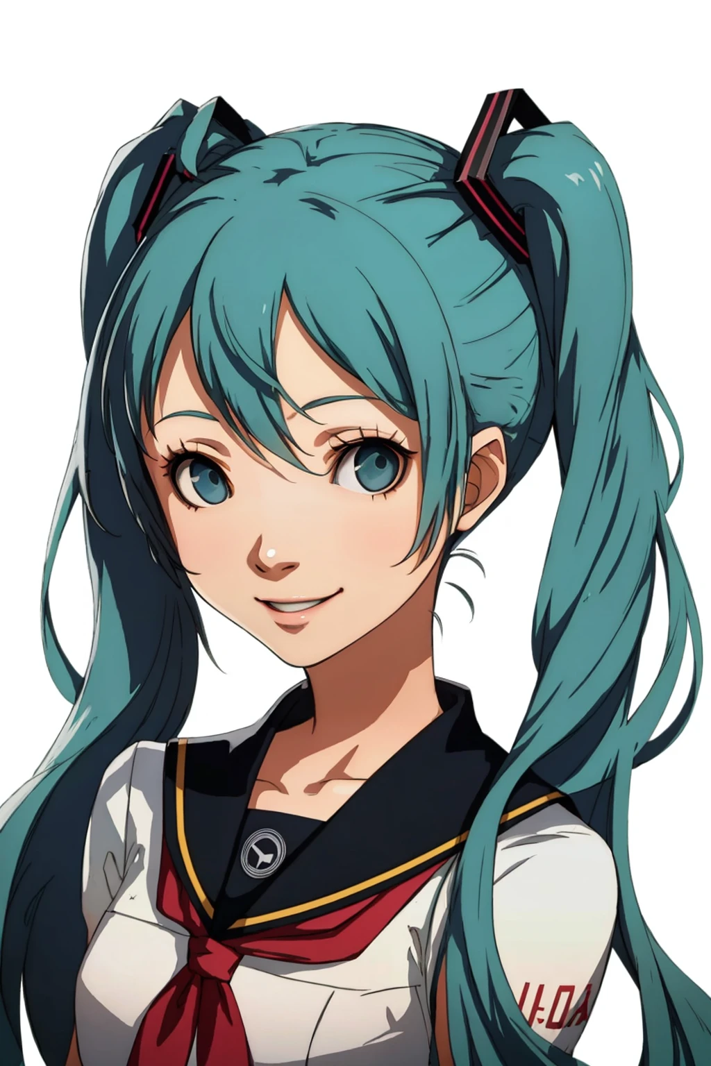 masterpiece, best quality, solo, 1girl, looking at viewer, smile, <lora:P4-Protraits-V2_Fp:0.8>, simple background, hatsune miku, school uniform,