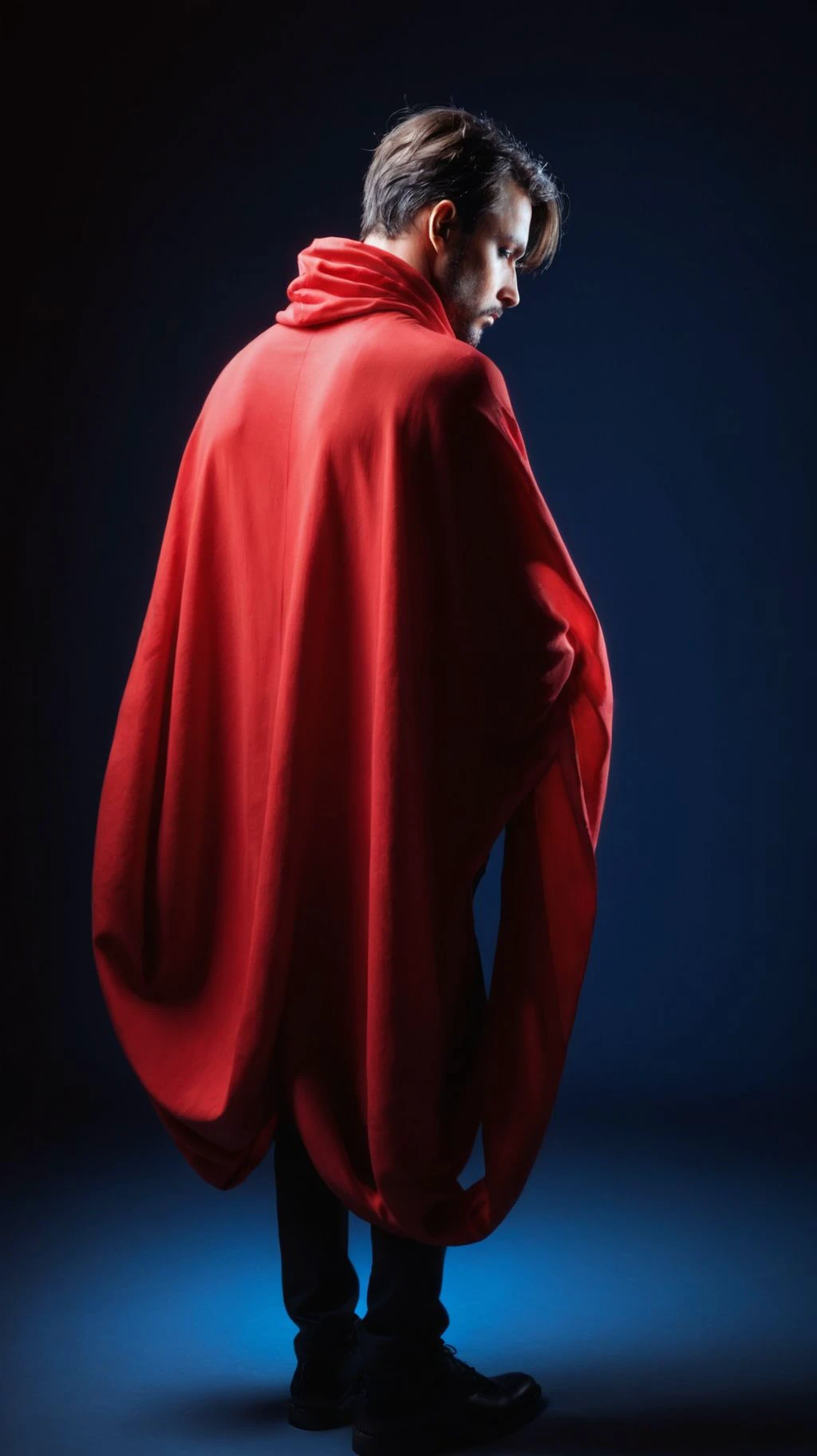 high fashion photo by Davide Sorrenti,
european brunette man, in a fabric cocoon, blue and red light
full body shot, from behind, attitude, DOF, selective focus