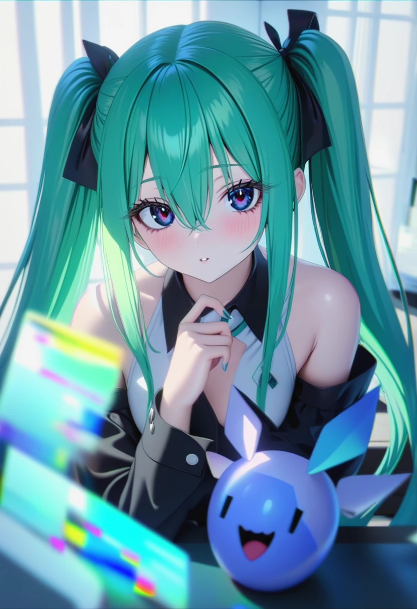 1girl,bags_under_eyes,bare_shoulders,collared_shirt,detached_sleeves,eyelashes,glitch,green_hair,hair_between_eyes,hands_up,long_hair,looking_at_viewer,nail_polish,necktie,pale_skin,parted_lips,pokemon_(creature),shirt,sidelocks,twintails,<lora:Ghost MIku (project voltage):1>,ghost miku(voltage),<lora:Anime Enhancer XL V2:1>,enhancer,masterpiece,raytracing,absurd,intricate,