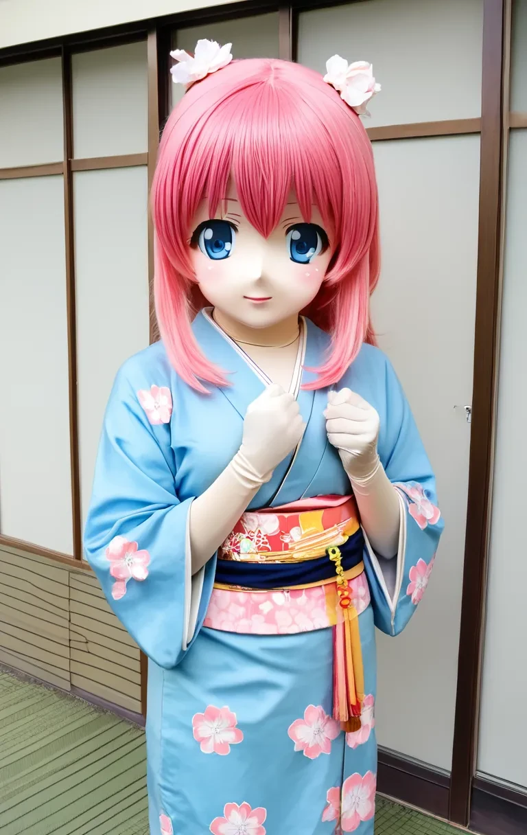 cosplay photo, animegao, 1girl, solo, cute, kimono, blue eyes, pink hair
 <lora:agkr4pd6:1>