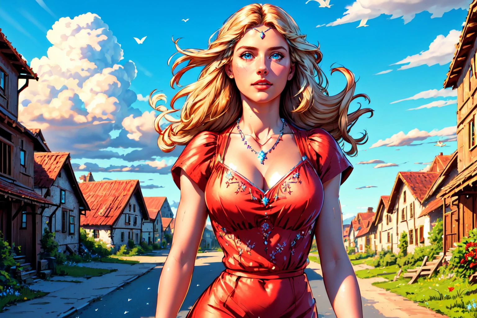(masterpiece, best quality, perfect anatomy, nice hands:1.2, 1girl:1.2, solo:1.3, cartoon), solo, alyonushka, smile, lips, red headband, parody, blush stickers, freckles, sunlight, diffraction spikes, large breasts, thighs, long hair, blue eyes, blonde hair, jewelry, dress,  blue sky, green grass, <lora:alyonushka:0.6>