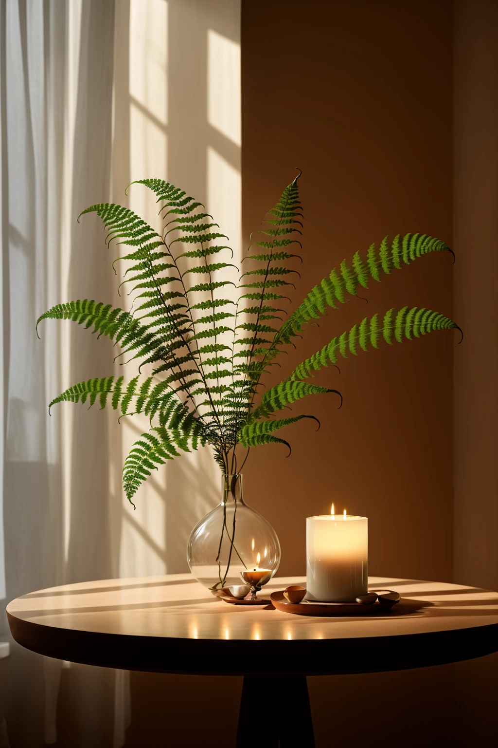 roduct photography, ultra hd picture quality,The main body is obvious,with soft lighting and a warm color tone,table with a vase and a candle on it with a fern in it and a candle on the table,<lora:å®¤åä¸è§:0.85>,