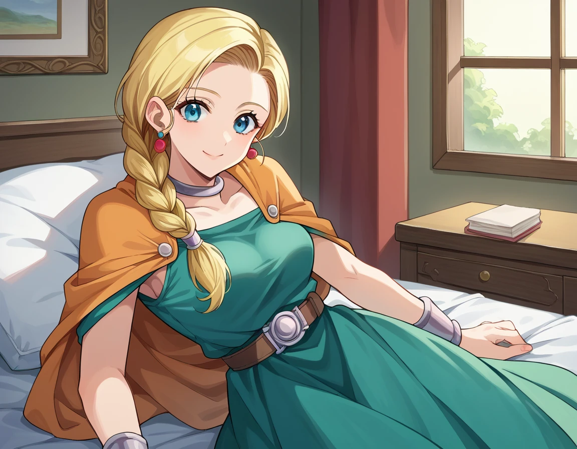 score_9, score_8_up, score_7_up, source_anime,
dqbianca, <lora:dq-bianca-ponyxl-lora-nochekaiser:1>,
bianca, blonde hair, blue eyes, braid, braided ponytail, long hair, smile,
belt, brown belt, cape, dress, earrings, jewelry, green dress,
indoors, bed, bed room, on side,
looking at viewer, dutch angle, cowboy shot,