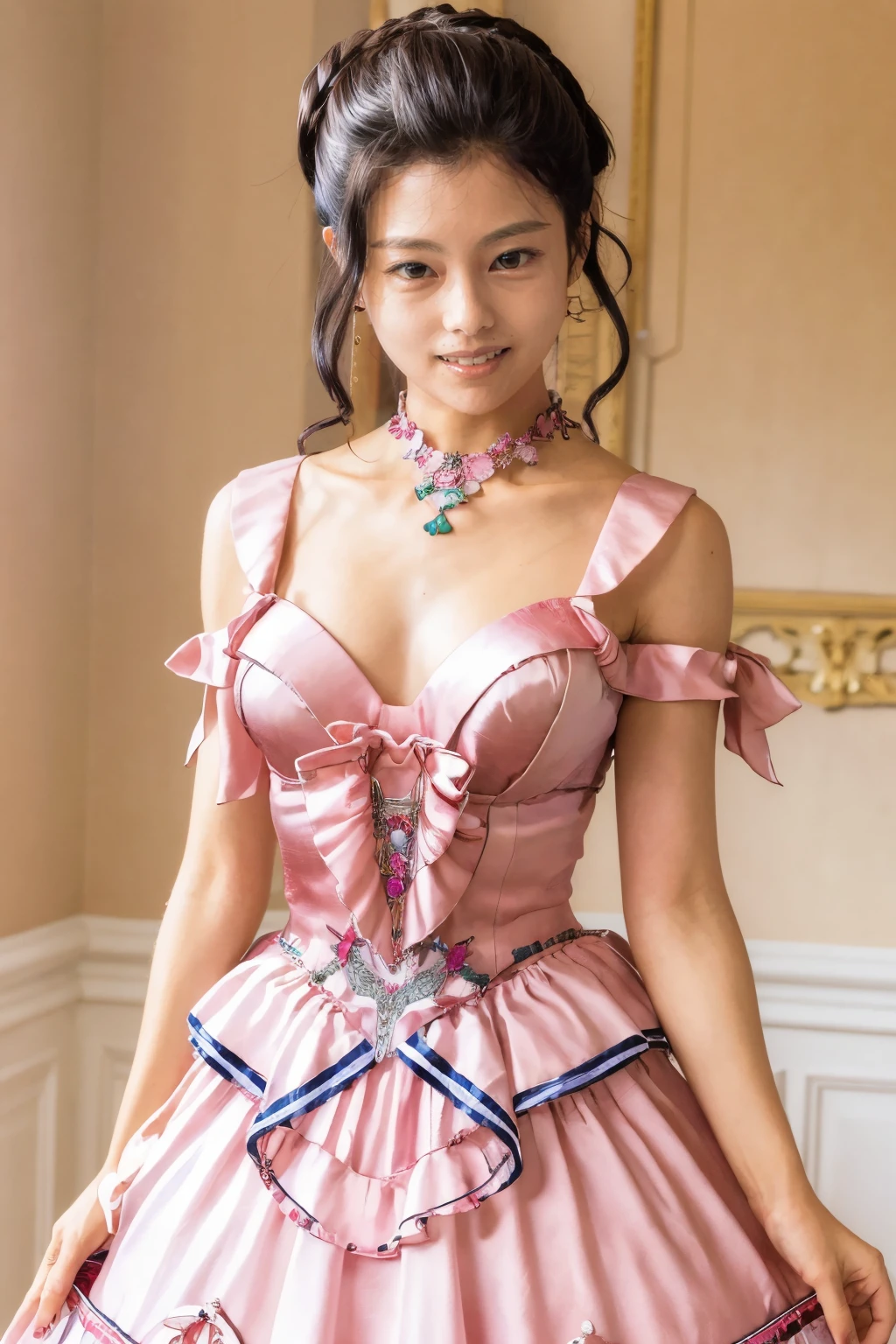 ((Masterpiece, best quality,edgQuality)),
smile,
ballgown,edgPreppy, a woman in a ([set of edgPreppy clothes,blazer|ballgown,ribbons,frills]::0.5) posing for a picture ,wearing edgPreppy with ballgown, <lora:edgPreppyGown:0.65>
((edgCCH, collarbone, halterneck ,criss-cross halter))
<lora:edgCrissCrossHalter:1>
<lora:yasukosawaguchilora:0.9>   yasukosawaguchilora