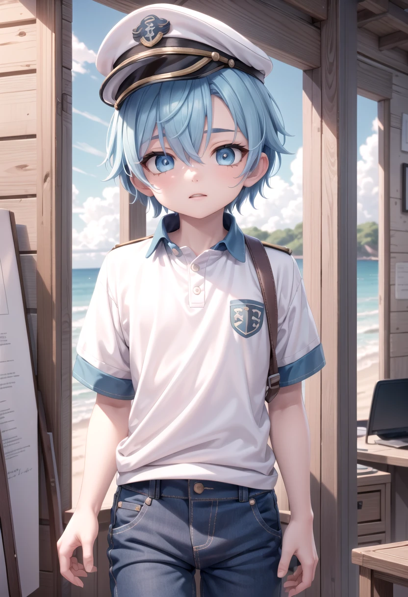 <lora:aoi-SD-v1.0:0.6> ,1 boy, (solo:1.2), aoi, blue hair,  masterpiece, beach, blue eyes, cute shirt, (blue captain cap:1.2), pants, petite, male focus, male body features,
(masterpiece:1.2), best quality, high resolution, unity 8k wallpaper, (illustration:0.8), (beautiful detailed eyes:1.6), extremely detailed face, perfect lighting, extremely detailed CG, (perfect anatomy),
The soft lighting and detailed surroundings create an immersive environment where imagination runs wild hyper-detailed, hyper-detailed face, high quality visuals, dim Lighting, sharply focused, octane render, 8k UHD,
 GS-Boyish