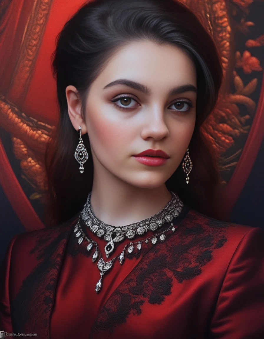 EmilyCarey,<lora:EmilyCareySDXL:1>portrait of a beautiful young lady, elegant, in the style of dark red and black, intricate details, 4k, absurdres, high quality, confident, matte painting, luminous sfumato, digital painting, very intricate, unforgettable, by tanya shatseva