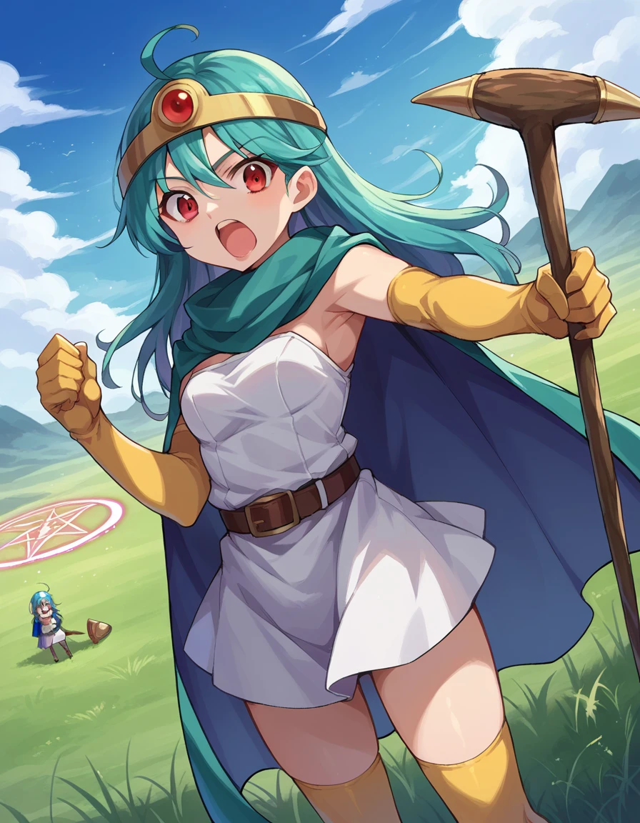score_9, score_8_up, score_7_up, source_anime,
dqsage, <lora:dq-sage-ponyxl-lora-nochekaiser:1>,
sage, ahoge, aqua hair, red eyes, long hair,
belt, buckle, cape, capelet, circlet, cloak, dress, elbow gloves, gloves, scarf, short dress, sleeveless, sleeveless dress, thighhighs, yellow gloves,
outdoors, plains, grass, magic, magic circle, staff, holding staff, open mouth, shouting,
looking at viewer, dutch angle, cowboy shot,