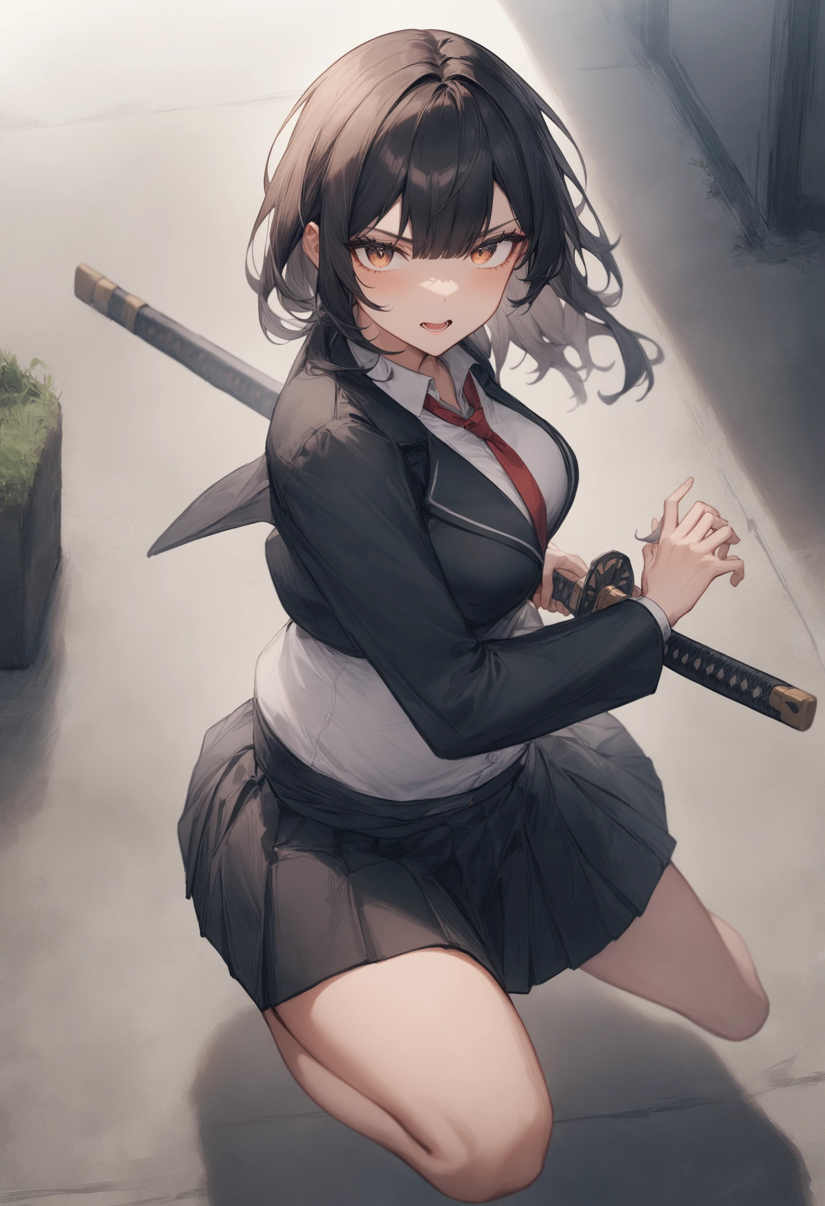 1girl, <lora:sdxl2-flat2-512b:-1>,medium breasts,school uniform,
<lora:iaidou_XL_v1:0.8>iaidow,weapon, katana, holding sword, ready to draw, sheathed, unsheathing, scabbard, fighting stance, battoujutsu stance,
from above, cowboy shot, looking to the side, evil smile, underground parking lot, open mouth,
masterpiece, best quality, very aesthetic, absurdres