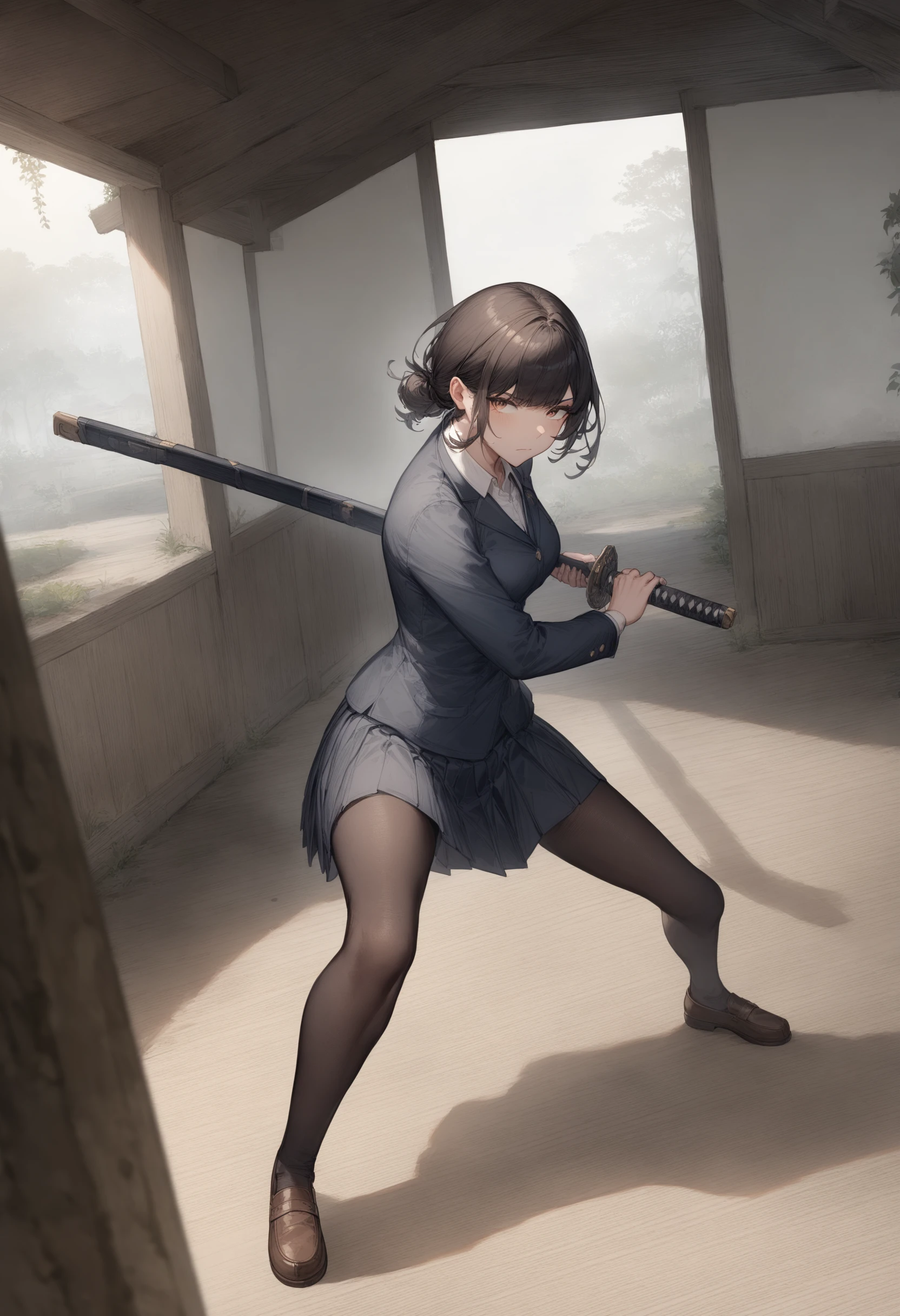 1girl, <lora:sdxl2-flat2-512b:-1>,medium breasts,school uniform,
<lora:iaidou_XL_v1:0.8>iaidow,weapon, katana, holding sword, ready to draw, sheathed, unsheathing, scabbard, fighting stance, battoujutsu stance,
ceiling, full body, looking away, water eye, back yard, closed mouth,
masterpiece, best quality, very aesthetic, absurdres