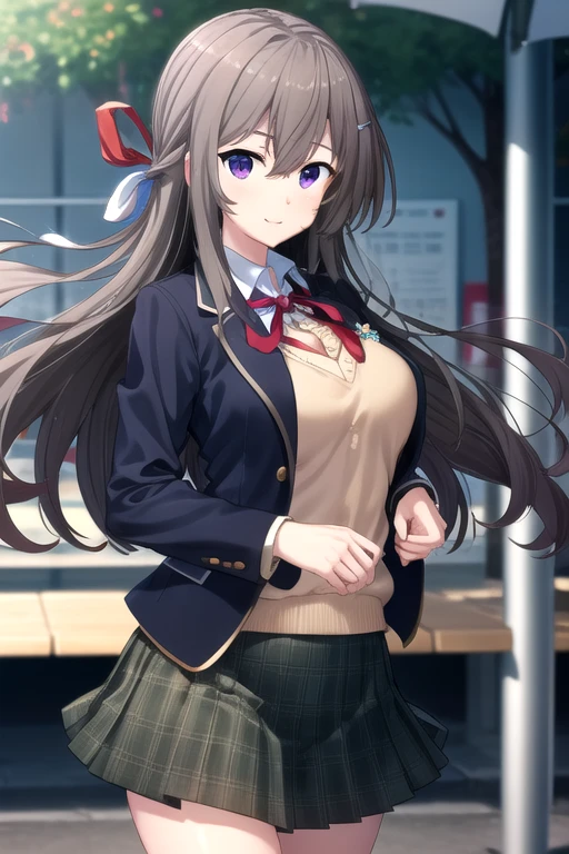 ((masterpiece)),(best quality),official art,extremely detailed CG,unity 8k wallpaper,ultra detailed,beautiful detailed eyes,extremely detailed face,outdoors,1girl,solo,cowboy shot,looking at viewer,facing viewer,smile,Otonashi Kanae,long hair,black hair,floating hair,hair ribbon,aqua ribbon,hairclip,hair ornament,hair intakes,hair between eyes,sidelocks,purple eyes,school uniform,blazer,blue jacket,wing collar,yellow sweater,collared shirt,white shirt,neck ribbon,red ribbon,long sleeves,large breasts,miniskirt,green skirt,plaid skirt,pleated skirt,white socks,loafers,<lora:Otonashi Kanae(ls):0.9>,