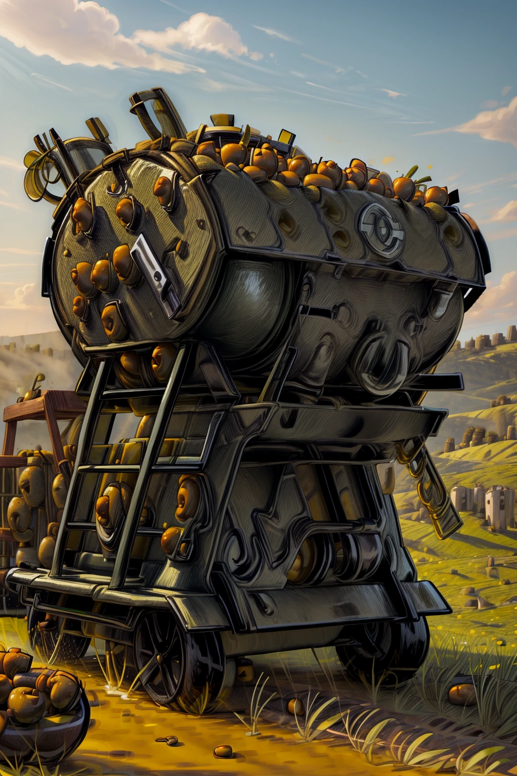 <lora:OlivesWorld:1.0> (OlivesWorld:1.1) olive oil machine in the field, <lora:more_details:1>