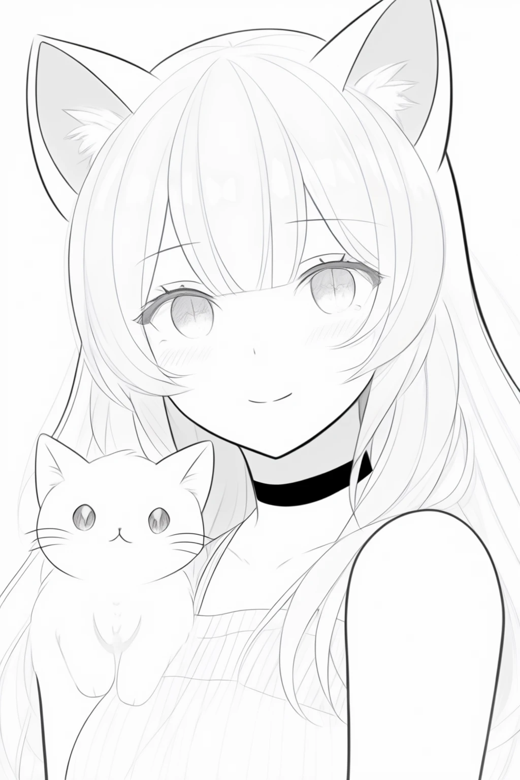 aesthetic, high quality, newest, 1girl, solo, looking at viewer, blush, slight smile, cat ears, monochrome,