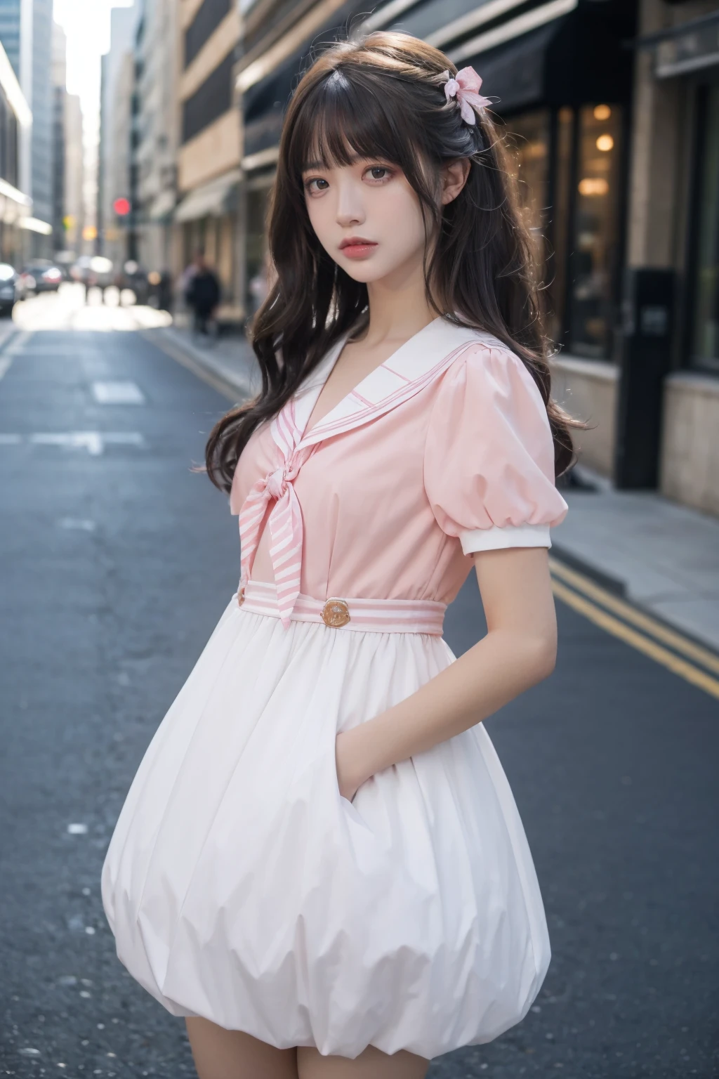 best quality,HDR,UHD,8K,Vivid Colors,solo,photo_,(1girl:1.3),(standing:1.3),(looking at viewer:1.4),Elegant,detailed gorgeous face,(cowboy shot:1.2),morning,(street background:1.2),black eye,long hair,<lora:Twinkle12:0.75>,bow,pink dress,short sleeves,sailor collar,