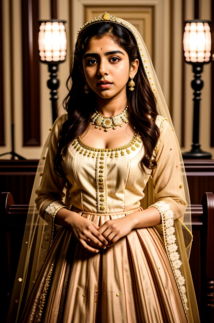 tv_Generic_25yo_Pakistani_v2 , , clever expression, wearing an ornate wedding dress, elegant makeup, pink lips, standing by the altar, ornately detailed glass mosaic in the background, full body shot,, photographed on a Canon EOS R5, 50mm lens, F/2.8, HDR, 8k resolution, highres, high detail, sharp focus, , photography, 8k uhd,