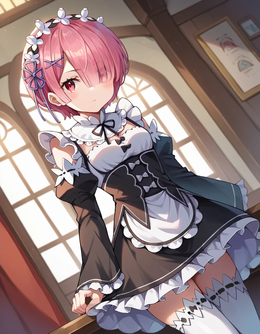 score_9, score_8_up, score_7_up, source_anime,
rezeroram, <lora:rezero-ram-ponyxl-lora-nochekaiser:1>,
ram, hair flower, hair ornament, hair over one eye, pink hair, red eyes, short hair, x hair ornament,
apron, black bow, black dress, black ribbon, bow, detached sleeves, dress, frilled apron, frilled sleeves, frills, juliet sleeves, long sleeves, maid, neck ribbon, puffy sleeves, ribbon, roswaal mansion maid uniform, thighhighs, two-tone dress, waist apron, white bow, white dress, white thighhighs,
indoors,
looking at viewer, dutch angle, cowboy shot,