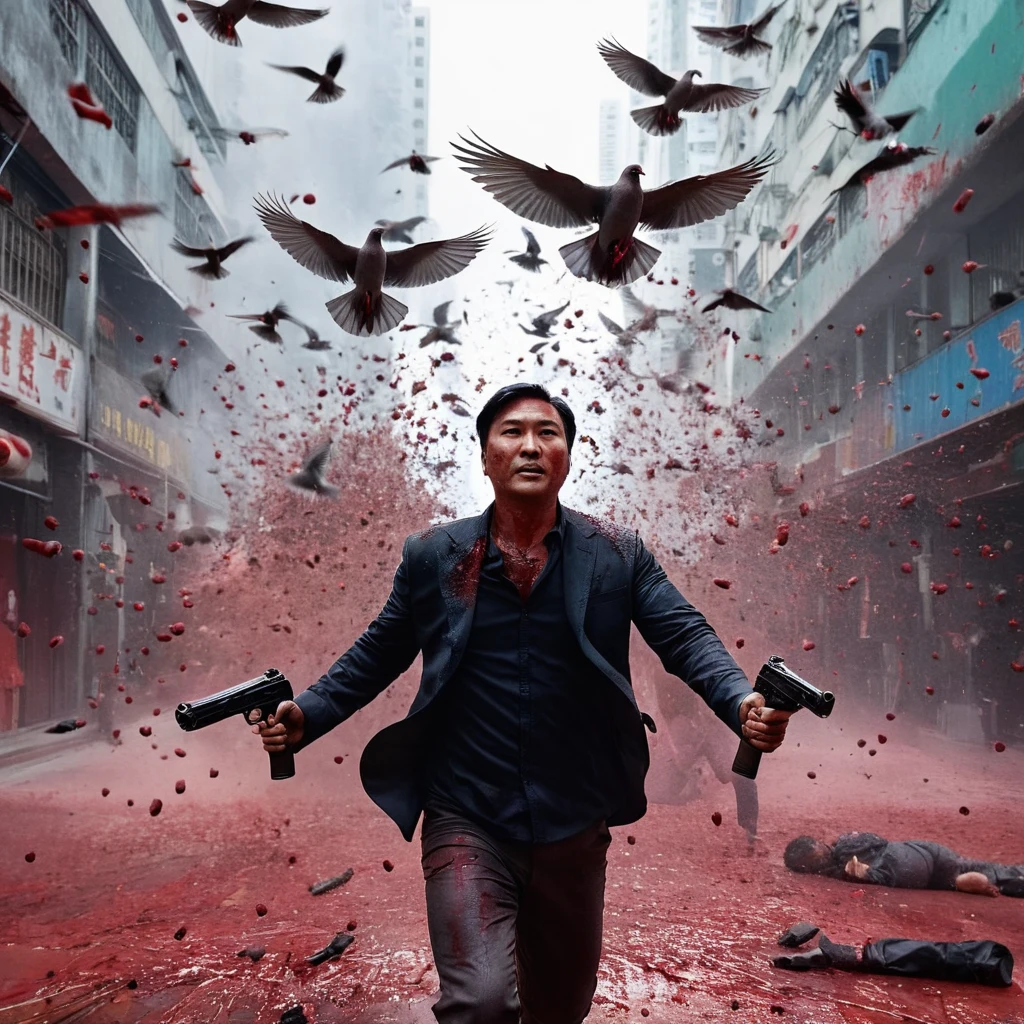 UHD, 4k, ultra detailed, cinematic, a photograph of  <lora:Hong Kong action cinema style:1>
 <lora:Kodak Motion Picture Film Style v4:0.5>
a movie poster of many dove birds flying above Asian man covered in blood looking at camera with exploding gun Hong Kong action cinema style, epic, beautiful lighting, inpsiring