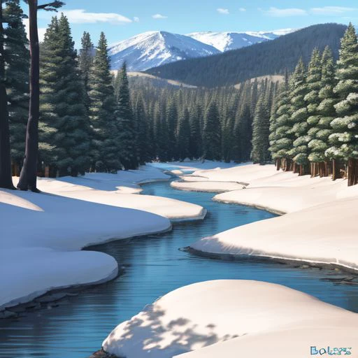 winter valley, snow, pine trees, hazy blue sky, ((BOBROSS))