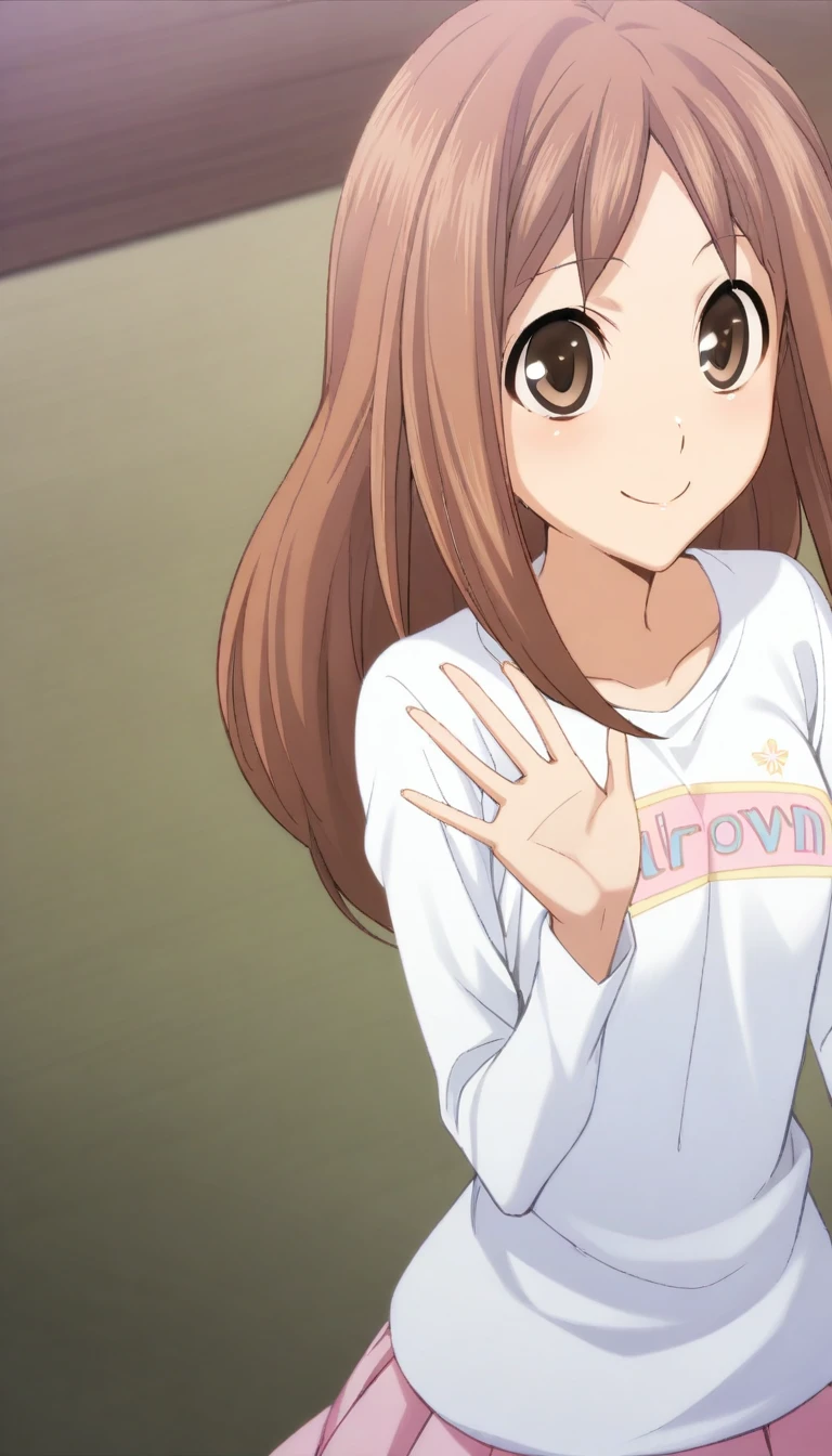 1girl,Hoshitsuki Orihime,dailyorihime,white t-shirt,pleated skirt,clothes writing,milkcrown,masterpiece,best quality,solo,very aesthetic,absurdres,game cg,(detailed beautiful eyes:1.2),(beautiful face:1.2),simple background,white background,<lora:HoshitsukiOrihimeXL:1>,happy,waving,smile,looking at viewer,