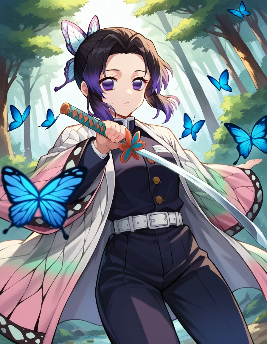 score_9, score_8_up, score_7_up, source_anime,
shinobukochou, <lora:shinobu-kochou-ponyxl-lora-nochekaiser:1>,
shinobu kochou, animal print, black hair, butterfly, butterfly hair ornament, butterfly print, forehead, gradient hair, hair ornament, haori, multicolored hair, parted bangs, purple hair, short hair, two-tone hair,
belt, black pants, butterfly print, coat, demon slayer uniform, haori, japanese clothes, pants, uniform,
outdoors, forest, nature, sword, holding weapon, holding sword, weapon, fighting stance,
looking at viewer, dutch angle, cowboy shot,