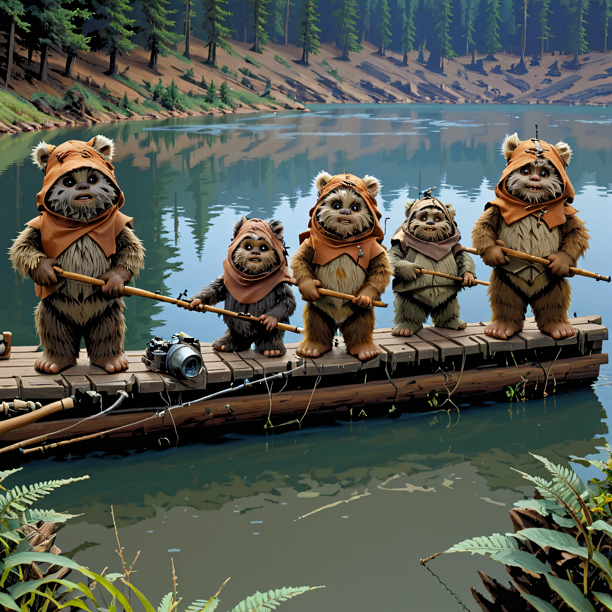 a close up view of a group of ewks fishing beside a lake, ewoks,