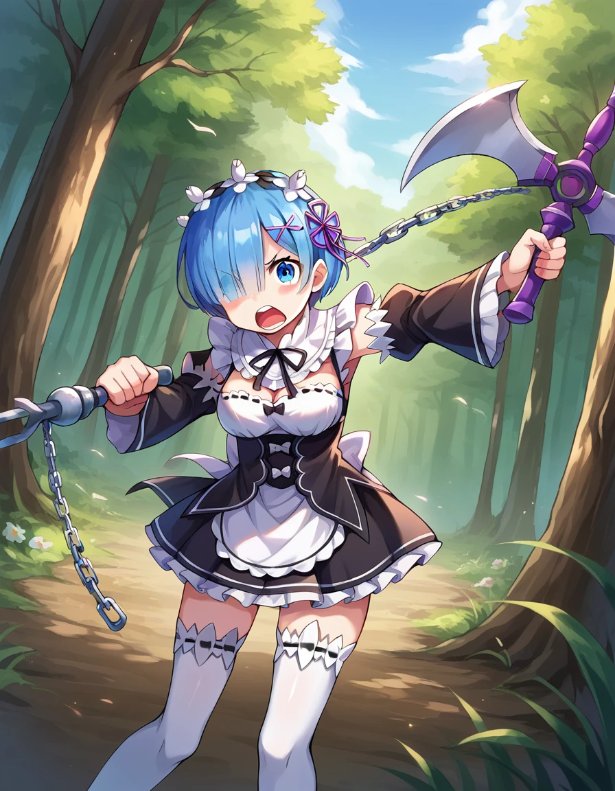 score_9, score_8_up, score_7_up, source_anime,
rezerorem, <lora:rezero-rem-ponyxl-lora-nochekaiser:1>,
rem, blue eyes, blue hair, hair ornament, hair over one eye, hair ribbon, short hair, x hair ornament,
apron, black ribbon, black skirt, black sleeves, detached collar, detached sleeves, flower, frilled apron, frilled skirt, frills, head wreath, long sleeves, maid, miniskirt, neck ribbon, purple ribbon, ribbon, ribbon trim, ribbon-trimmed sleeves, roswaal mansion maid uniform, short hair, skirt, thighhighs, waist apron, white apron, white thighhighs,
outdoors, nature, forest, fighting stance, weapon, holding weapon, horn, shouting, open mouth, angry, anger vein, chain, ball and chain (weapon\),
looking at viewer, dutch angle, cowboy shot,