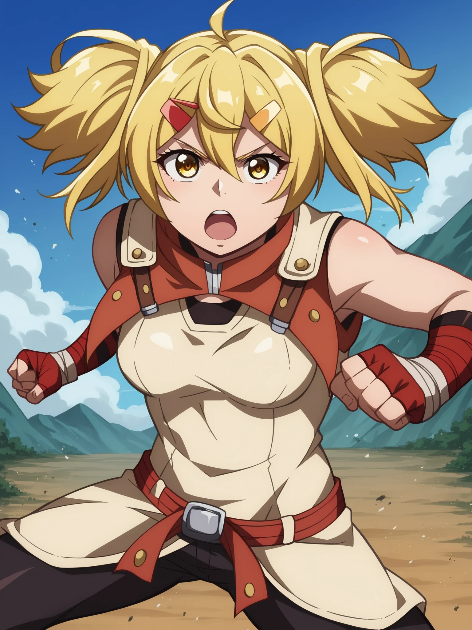 score_9, score_8_up, score_7_up, source_anime,
<lora:OiKatzo_epoch_03:1.0>
OiKatzo, yellow eyes, 1girl, blonde hair, hair between eyes, hair ornament, bangs, solo, short twintails, twintails, hairclip, incoming punch, fighting stance,
combat-outfit, clenched hand, punching, medium breasts, bandages, fingerless gloves, thigh gap, raised fist,