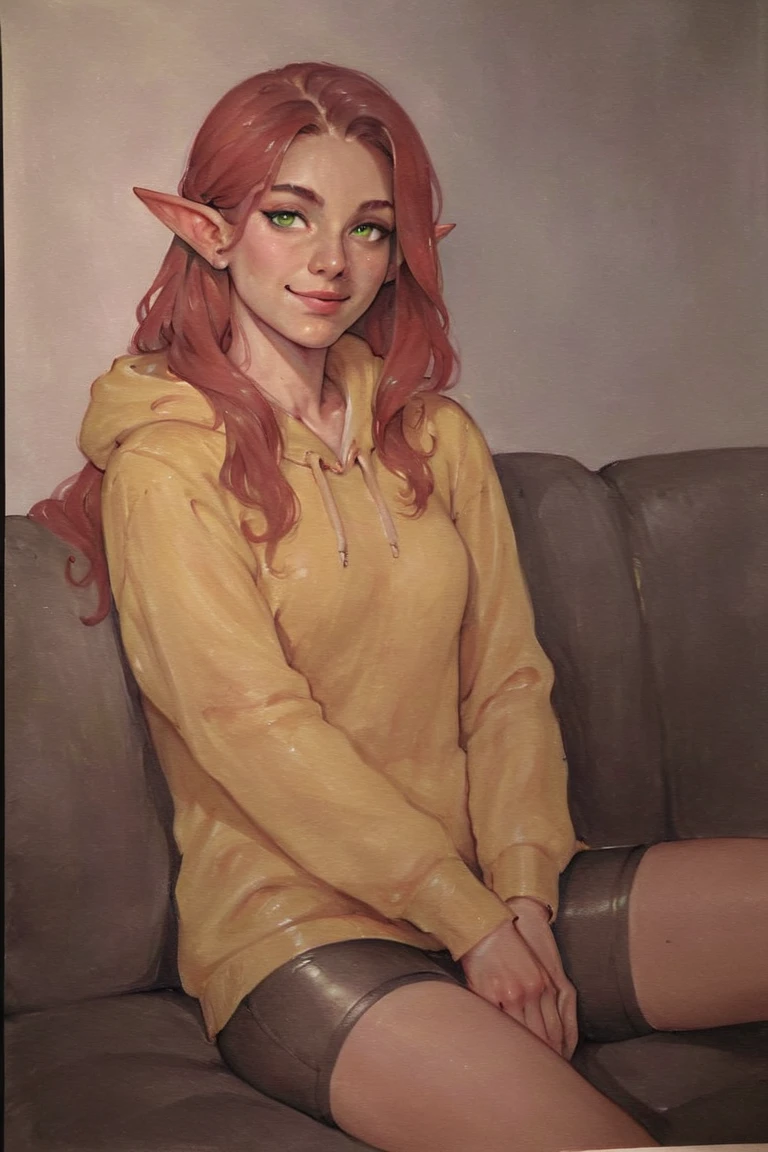 score_9, score_8_up, score_7_up, rating_safe, traditional media, realistic, elf, pointy ears, red hair, long hair, green eyes, yellow hoodie, bike shorts, smile, 1girl, solo, looking at viewer, cowboy shot, sitting, on couch, couch, indoors, living room <lora:OIS Red Lion Style LoRA_Pony XL v6:0.7>