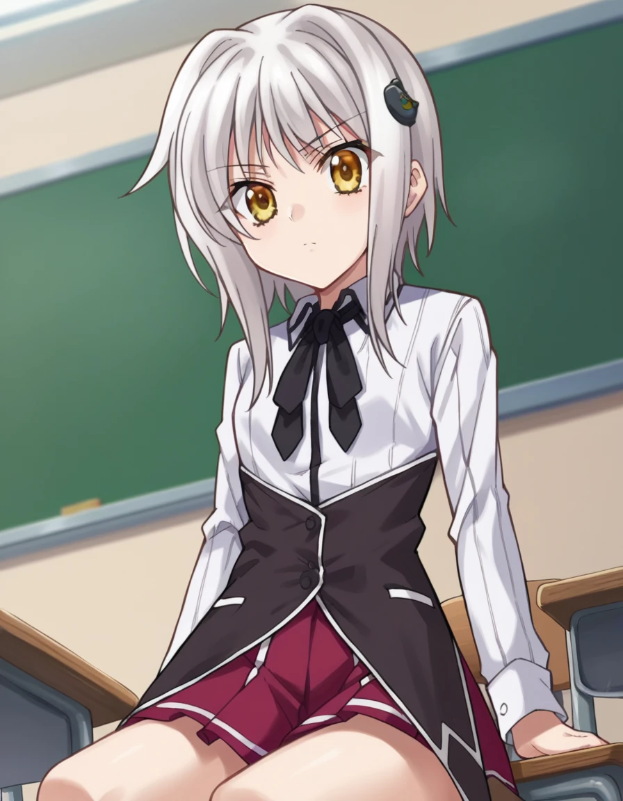 score_9, score_8_up, score_7_up, source_anime,
konekotoujou, <lora:koneko-toujou-ponyxl-lora-nochekaiser:1>,
koneko toujou, short hair, hair ornament, yellow eyes, white hair,
skirt, school uniform, shirt, white shirt, collared shirt, neckerchief, black neckerchief, long sleeves, red skirt,
indoors, classroom, sitting, desk, chair,
looking at viewer, dutch angle, cowboy shot,