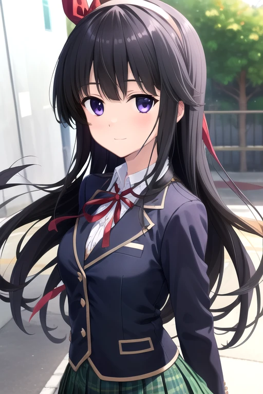 ((masterpiece)),(best quality),official art,extremely detailed CG,unity 8k wallpaper,ultra detailed,beautiful detailed eyes,extremely detailed face,outdoors,1girl,solo,upper body,(portrait:1.5),looking at viewer,facing viewer,smile,Futami Iori,long hair,black hair,hairband,hair bow,floating hair,sidelocks,blunt bangs,purple eyes,school uniform,blazer,blue jacket,wing collar,collared shirt,white shirt,neck ribbon,red ribbon,long sleeves,medium breasts,miniskirt,green skirt,plaid skirt,pleated skirt,white thighhighs,zettai ryouiki,loafers,<lora:Futami Iori(ls):0.9>,