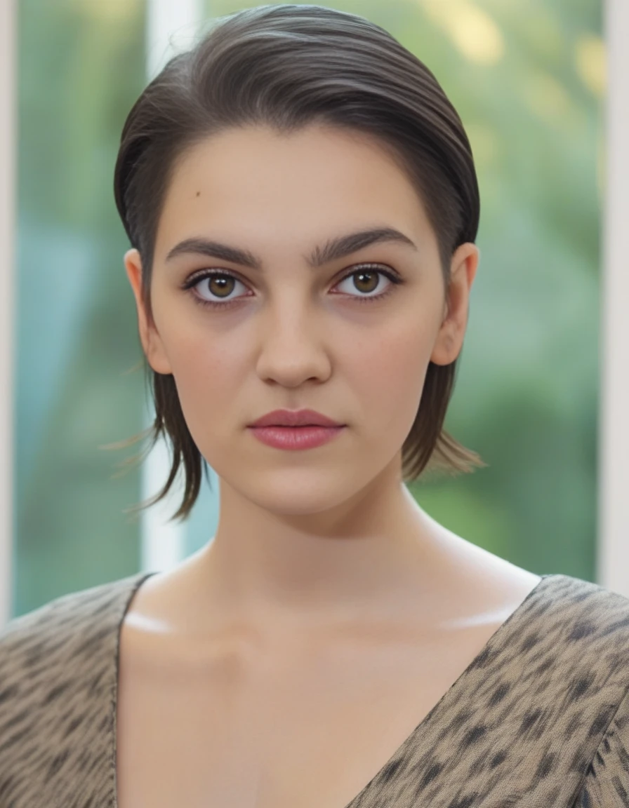 EmilyCarey,<lora:EmilyCareySDXL:1>An image of a woman standing straight on, with her head turned slightly to the right, giving a soft side glance. She has neatly pulled-back hair and natural makeup emphasizing her eyes. She wears a patterned short-sleeved top with a round neckline. The lighting is soft and diffuse, highlighting her calm expression, and the background is a blurred indoor public space.