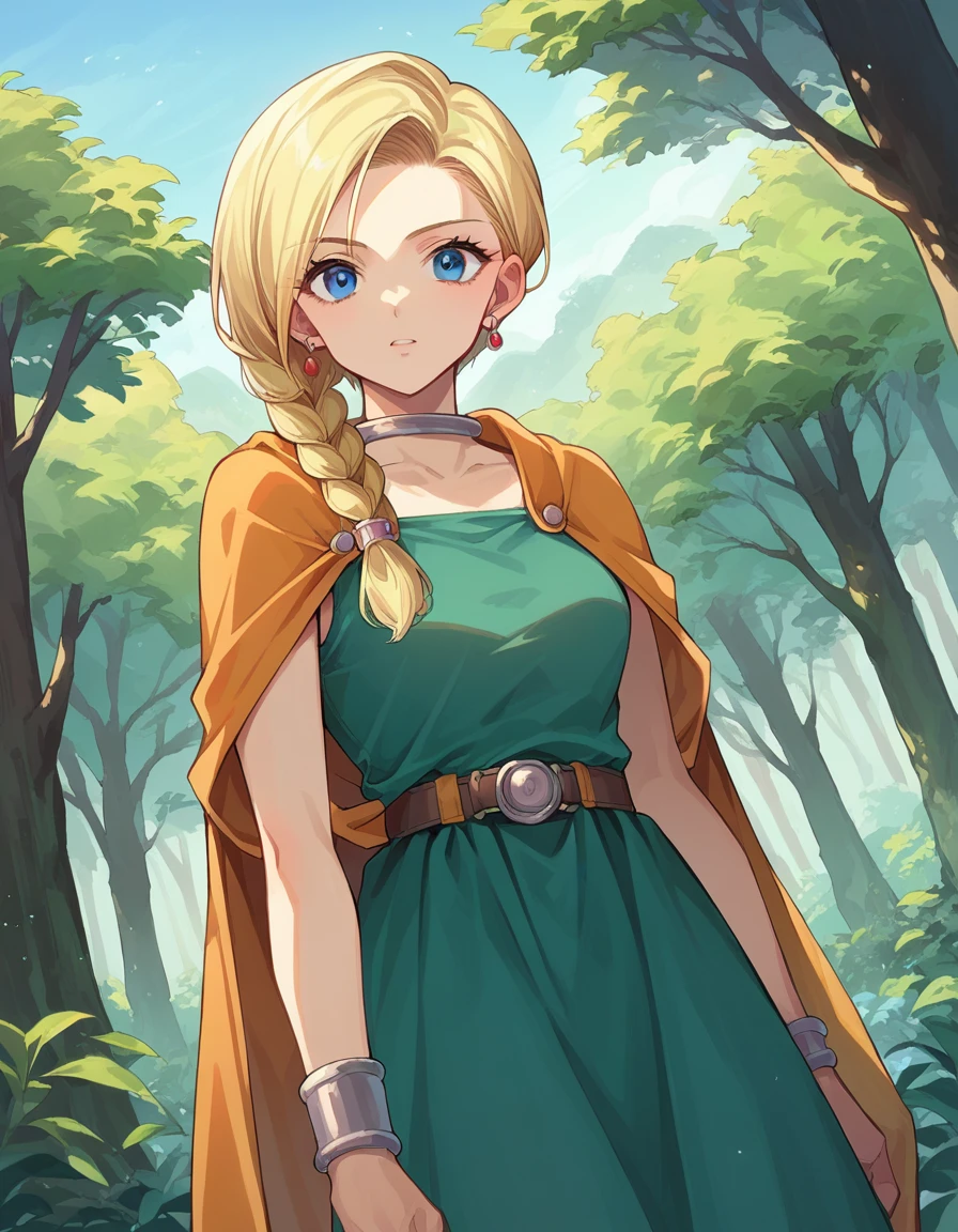 score_9, score_8_up, score_7_up, source_anime,
dqbianca, <lora:dq-bianca-ponyxl-lora-nochekaiser:1>,
bianca, blonde hair, blue eyes, braid, braided ponytail, long hair,
belt, brown belt, cape, dress, earrings, jewelry, green dress,
outdoors, forest, nature,
looking at viewer, dutch angle, cowboy shot,