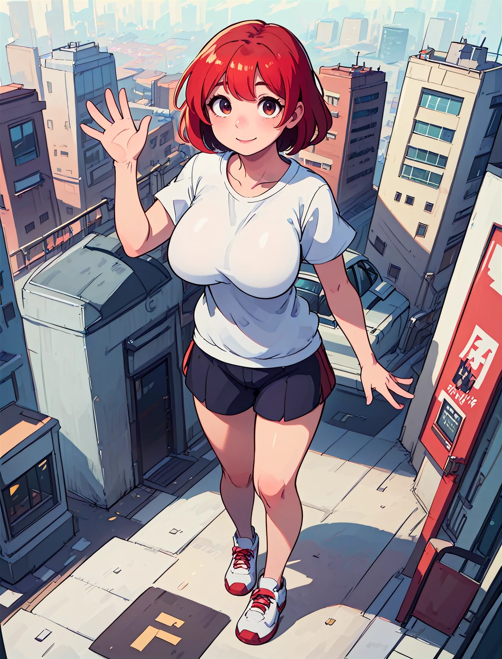 score_9, score_8_up, score_7_up, 1girl, red hair, full body, city backround, waving, large breasts <lora:FlatAnimePony:1>