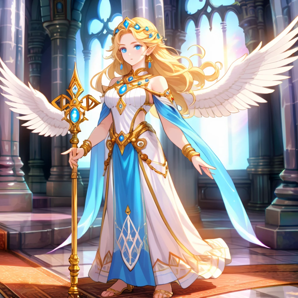 Big breasts,Create an RPG-style image of a high-ranking female priestess with golden hair and piercing blue eyes. She stands with an aura of divine grace, her gaze both serene and commanding. Her intricate ceremonial garb is adorned with sacred symbols, and she holds a staff that radiates mystical energy. The background is an ancient temple, filled with ethereal light, enhancing her majestic presence, uniko,<lora:uniko:0.75>