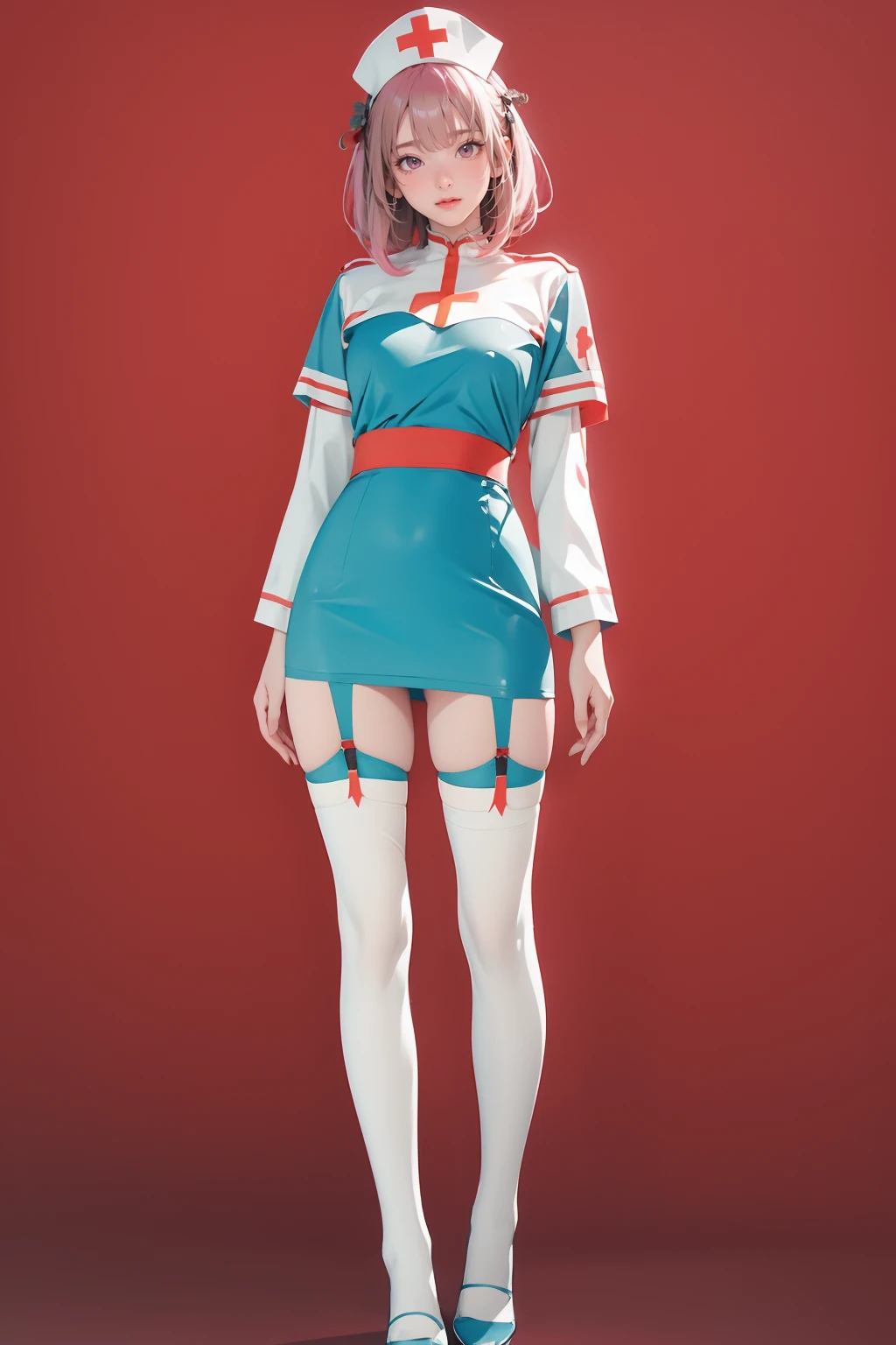 <lora:GoodHands-æbeta2:1>,solo,1girl,outdoors,cityscape,standing,<lora:0401 Cling To Latex_v1:1>,ruanyi0401,nurse cap,full body,red background,short dress,blue dress,clothing cutout,garter straps,white thighhighs,, best quality,masterpiece,highres,official art,extremely detailed cg unity 8k wallpaper